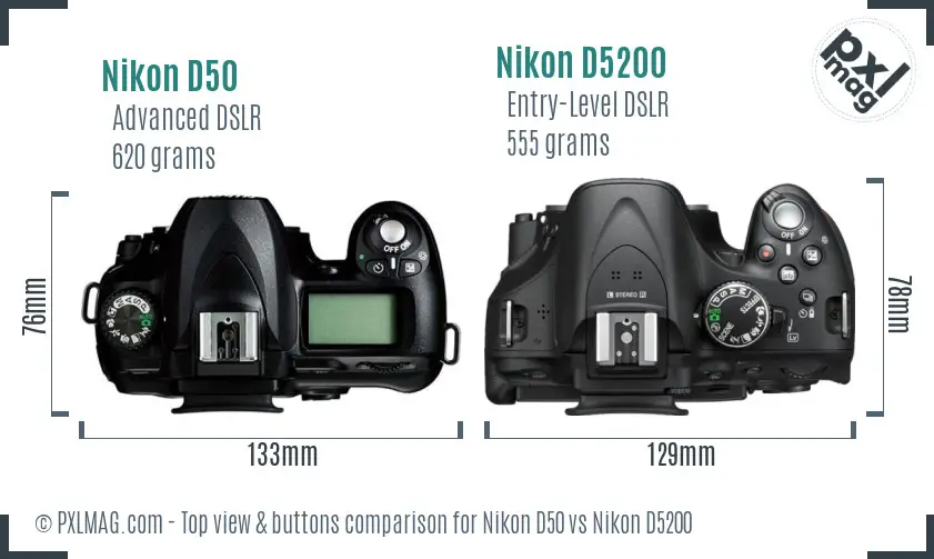 Nikon D50 vs Nikon D5200 top view buttons comparison