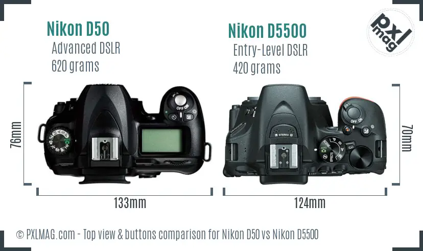 Nikon D50 vs Nikon D5500 top view buttons comparison