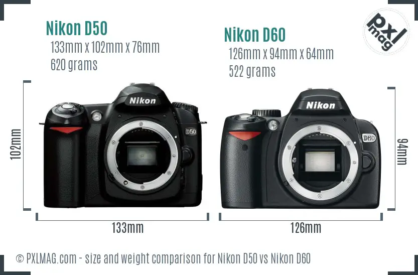 Nikon D50 vs Nikon D60 size comparison