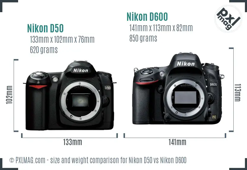 Nikon D50 vs Nikon D600 size comparison