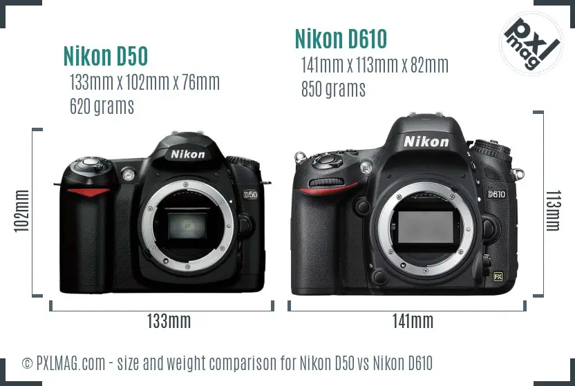 Nikon D50 vs Nikon D610 size comparison