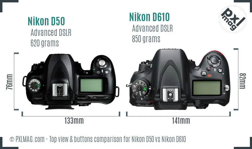 Nikon D50 vs Nikon D610 top view buttons comparison