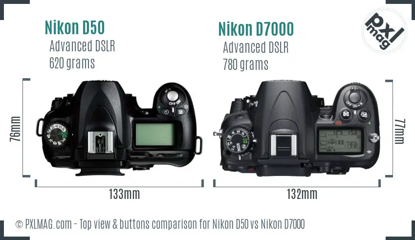 Nikon D50 vs Nikon D7000 top view buttons comparison