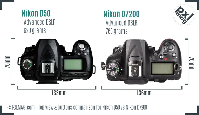 Nikon D50 vs Nikon D7200 top view buttons comparison