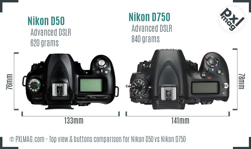Nikon D50 vs Nikon D750 top view buttons comparison