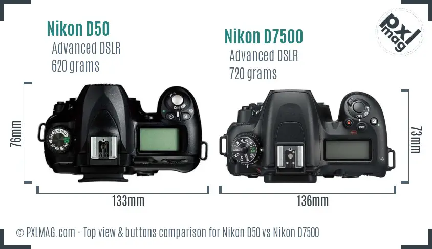 Nikon D50 vs Nikon D7500 top view buttons comparison