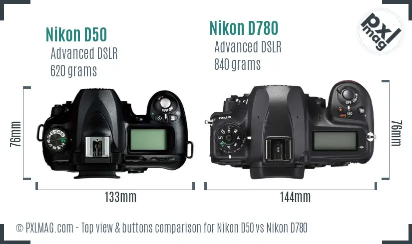 Nikon D50 vs Nikon D780 top view buttons comparison