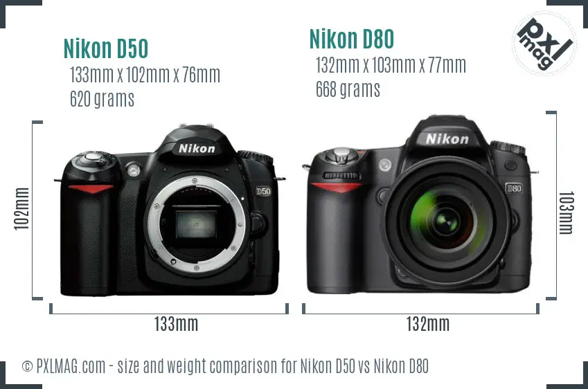 Nikon D50 vs Nikon D80 size comparison