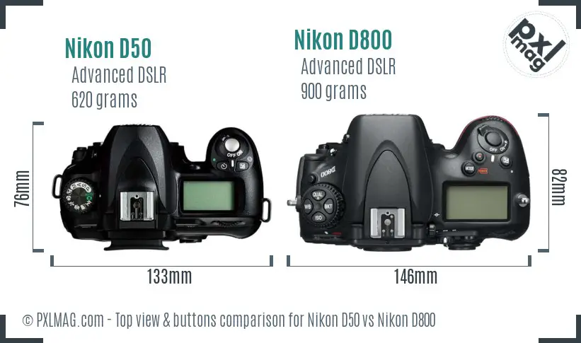 Nikon D50 vs Nikon D800 top view buttons comparison