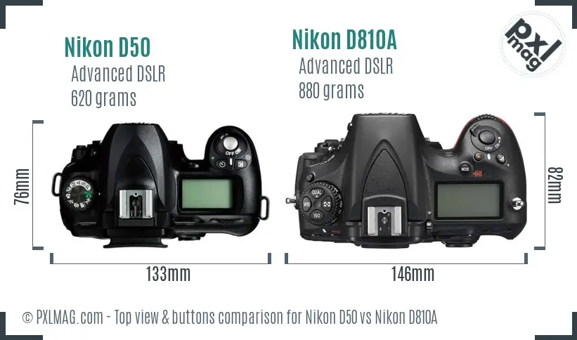 Nikon D50 vs Nikon D810A top view buttons comparison