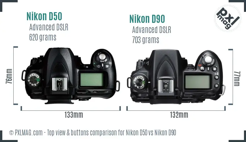 Nikon D50 vs Nikon D90 top view buttons comparison