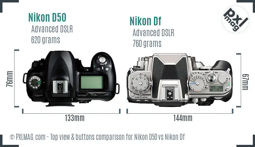 Nikon D50 vs Nikon Df top view buttons comparison