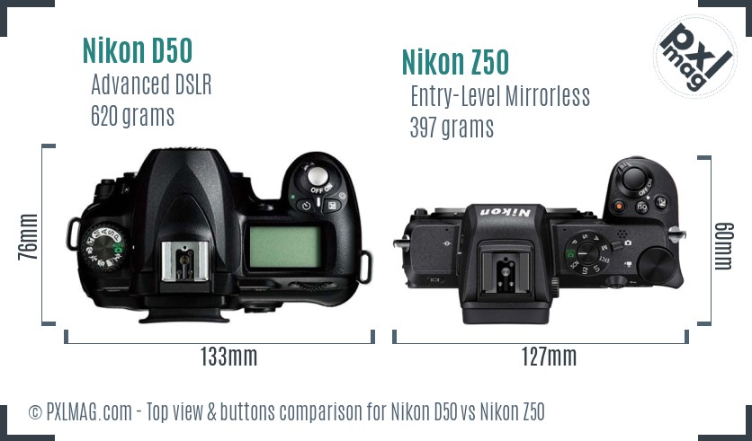 Nikon D50 vs Nikon Z50 top view buttons comparison