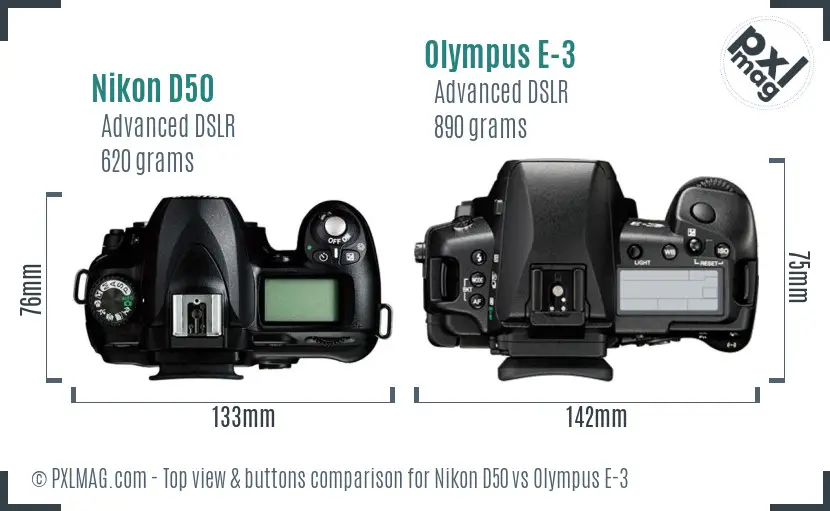 Nikon D50 vs Olympus E-3 top view buttons comparison