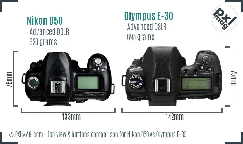 Nikon D50 vs Olympus E-30 top view buttons comparison