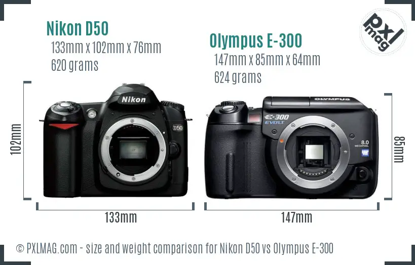 Nikon D50 vs Olympus E-300 size comparison