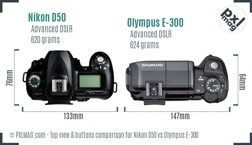 Nikon D50 vs Olympus E-300 top view buttons comparison