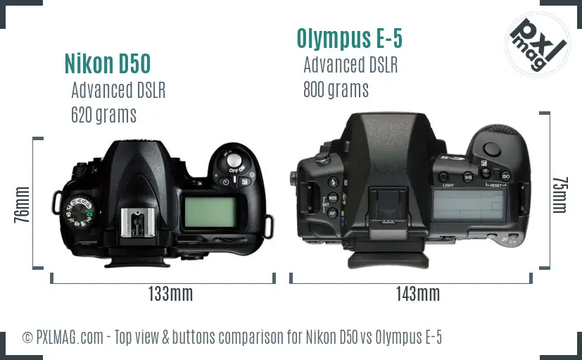 Nikon D50 vs Olympus E-5 top view buttons comparison