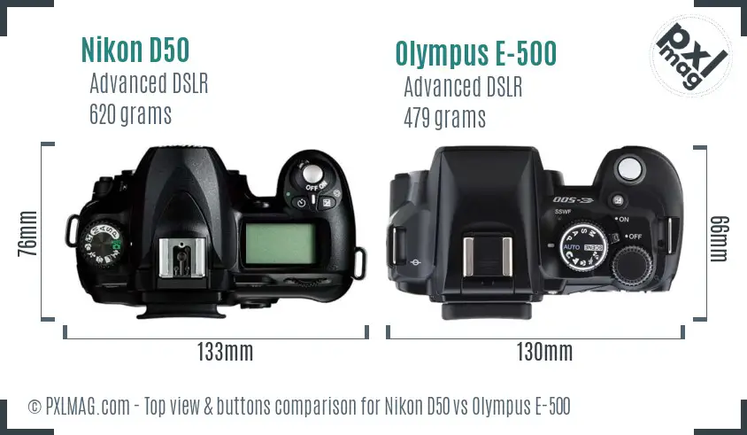Nikon D50 vs Olympus E-500 top view buttons comparison