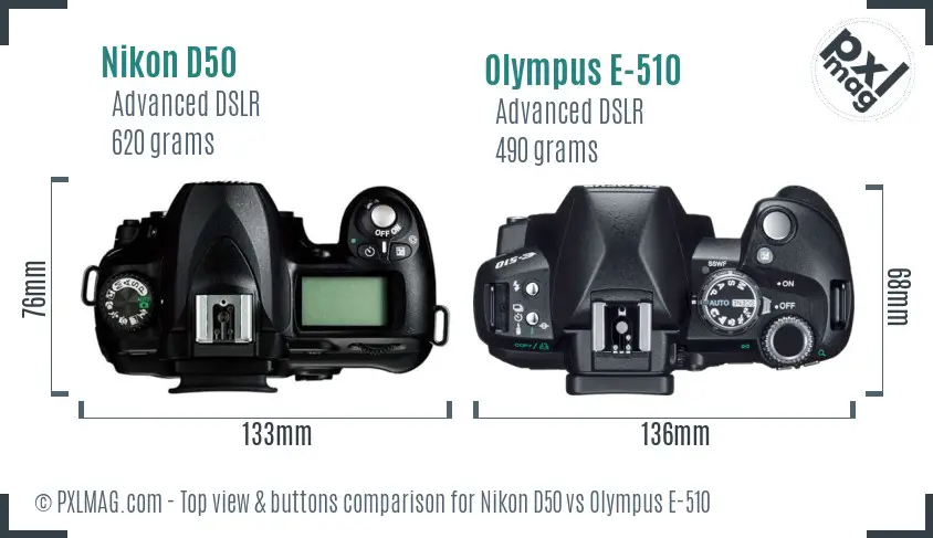 Nikon D50 vs Olympus E-510 top view buttons comparison