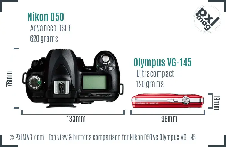 Nikon D50 vs Olympus VG-145 top view buttons comparison