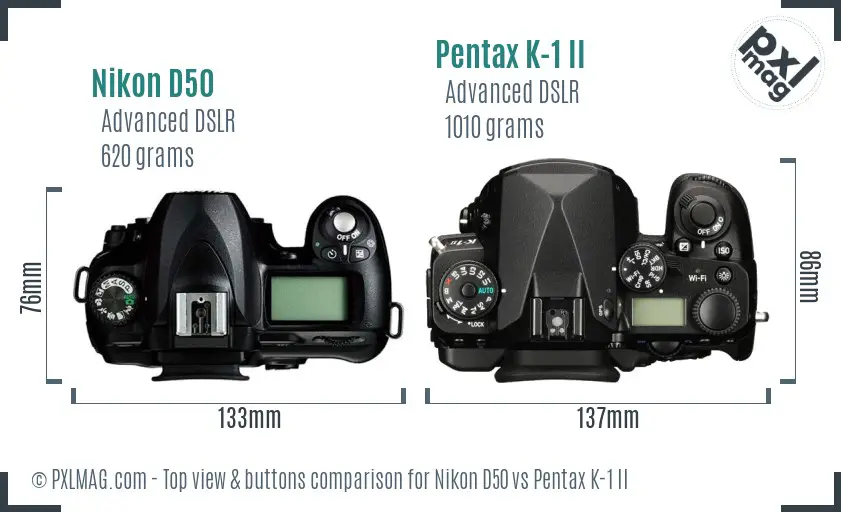 Nikon D50 vs Pentax K-1 II top view buttons comparison