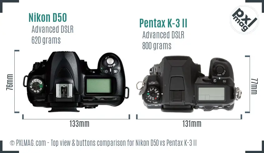 Nikon D50 vs Pentax K-3 II top view buttons comparison