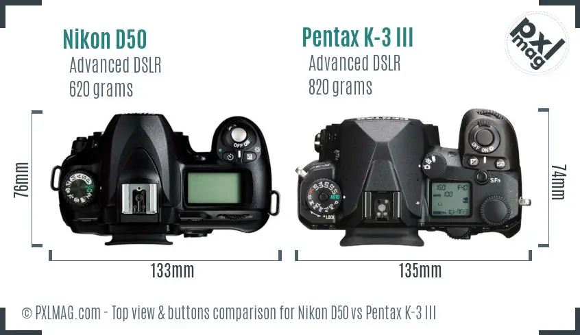 Nikon D50 vs Pentax K-3 III top view buttons comparison