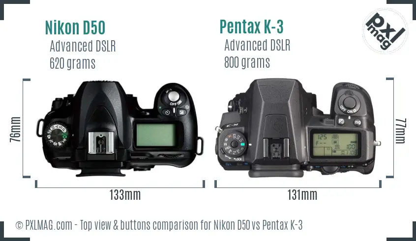 Nikon D50 vs Pentax K-3 top view buttons comparison