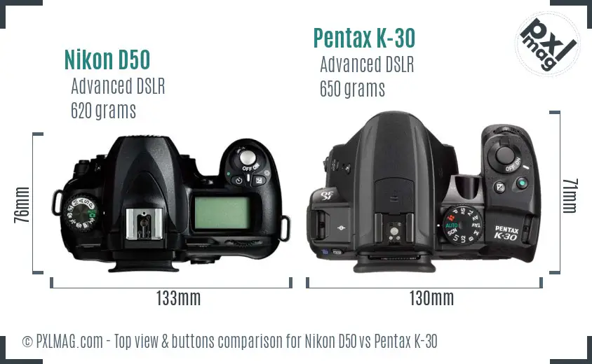 Nikon D50 vs Pentax K-30 top view buttons comparison