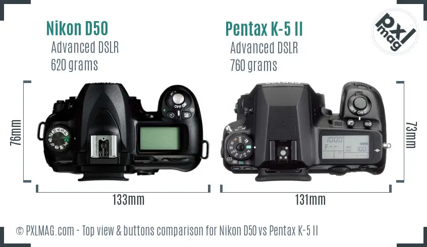 Nikon D50 vs Pentax K-5 II top view buttons comparison