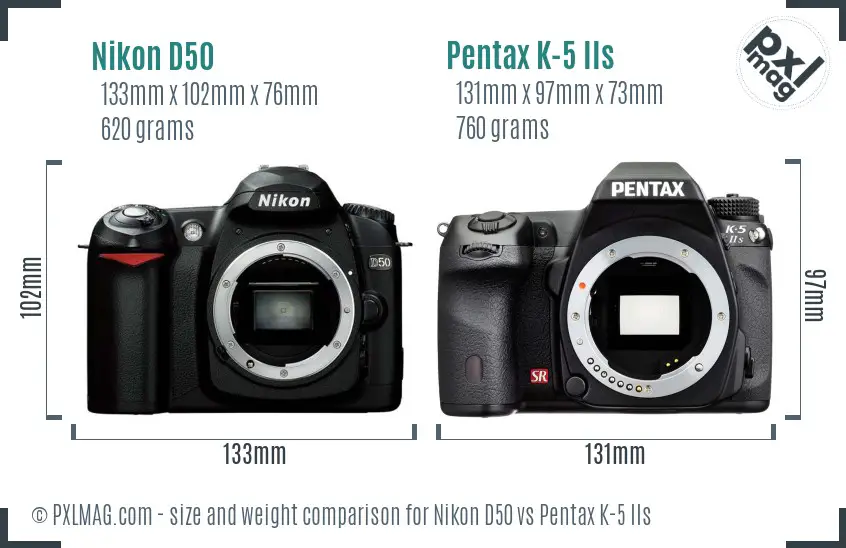 Nikon D50 vs Pentax K-5 IIs size comparison