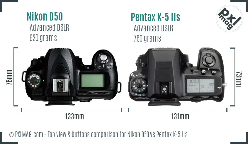 Nikon D50 vs Pentax K-5 IIs top view buttons comparison