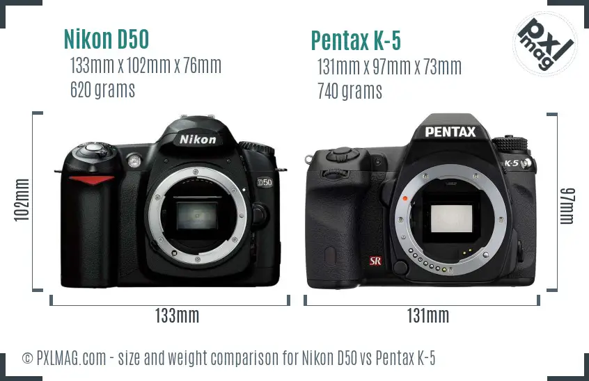 Nikon D50 vs Pentax K-5 size comparison