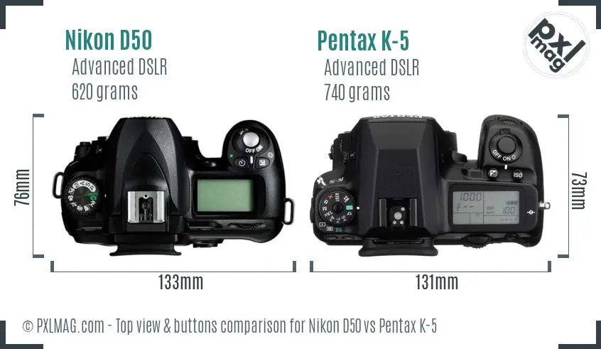 Nikon D50 vs Pentax K-5 top view buttons comparison