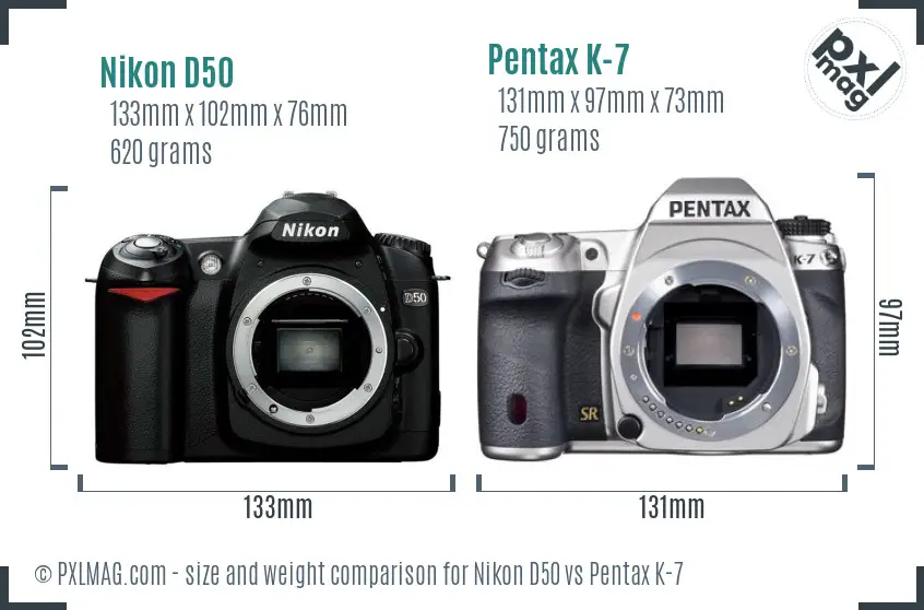 Nikon D50 vs Pentax K-7 size comparison