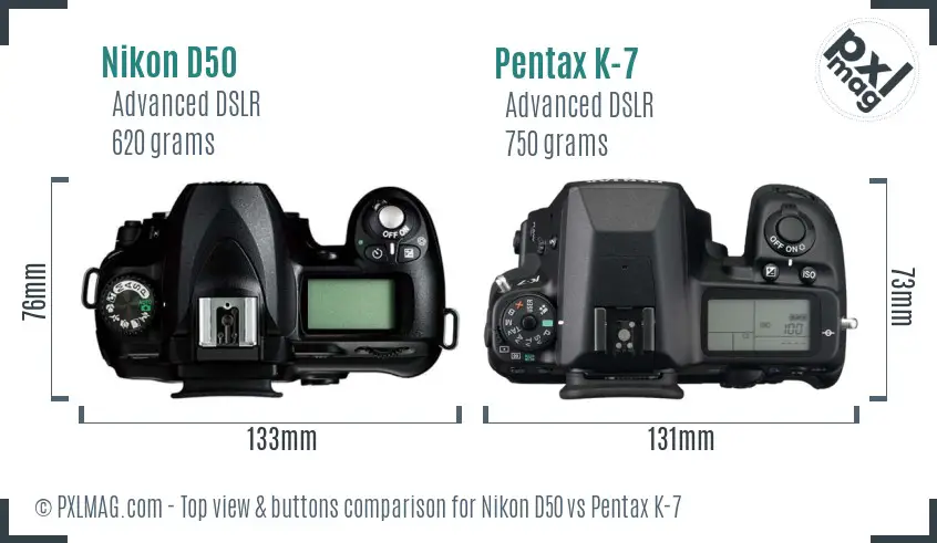 Nikon D50 vs Pentax K-7 top view buttons comparison