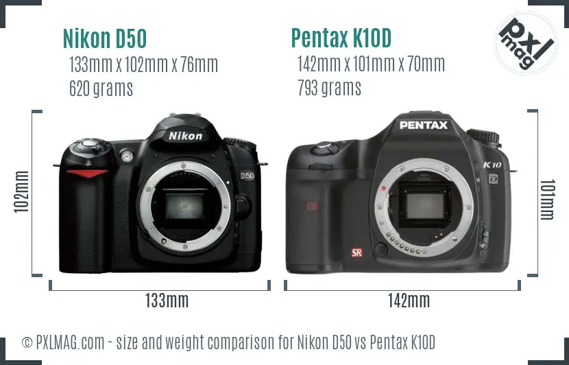 Nikon D50 vs Pentax K10D size comparison