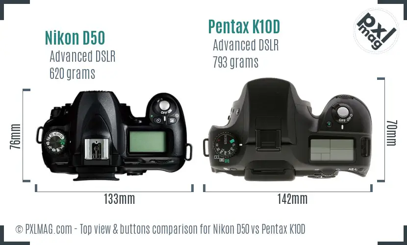 Nikon D50 vs Pentax K10D top view buttons comparison