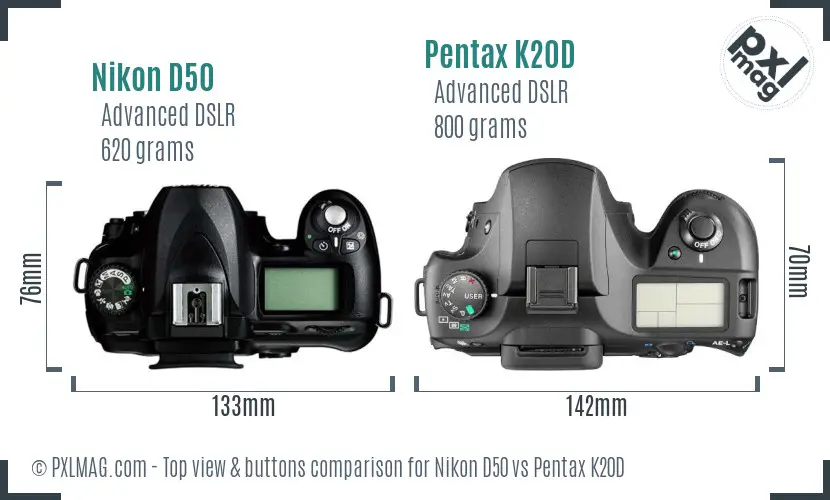Nikon D50 vs Pentax K20D top view buttons comparison