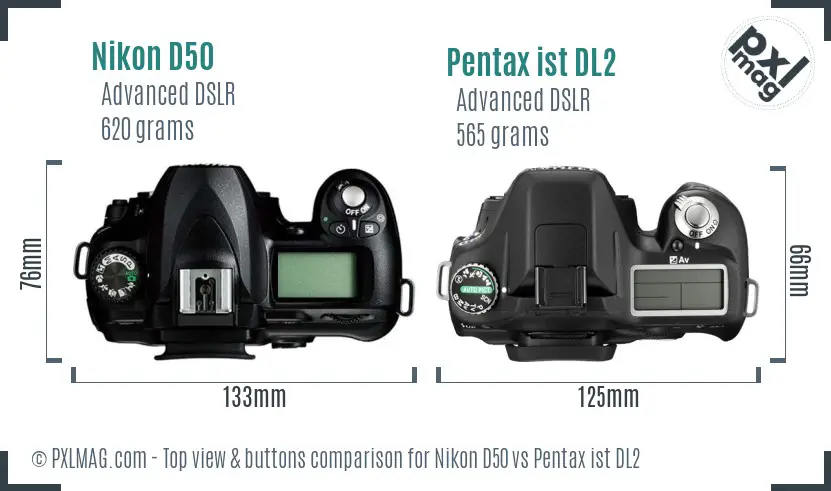 Nikon D50 vs Pentax ist DL2 top view buttons comparison