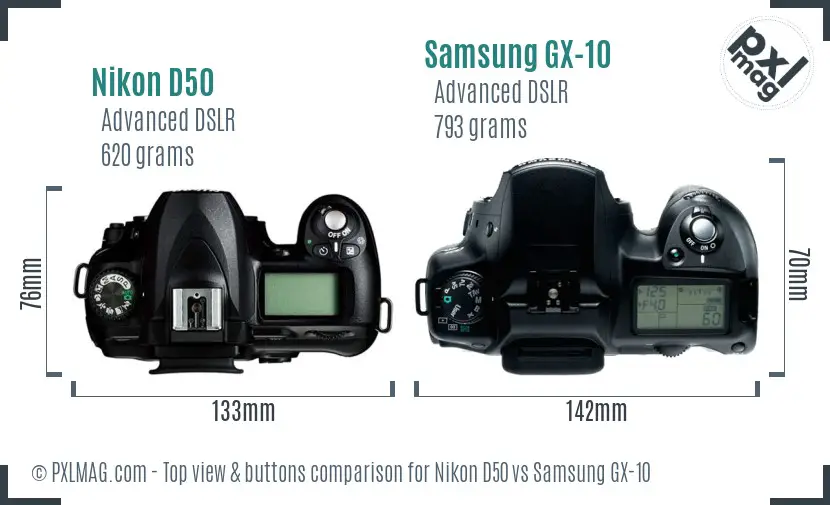 Nikon D50 vs Samsung GX-10 top view buttons comparison