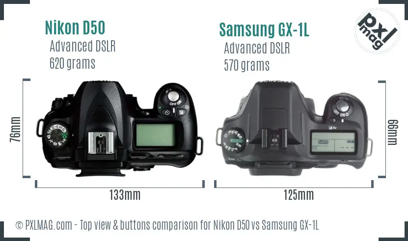 Nikon D50 vs Samsung GX-1L top view buttons comparison