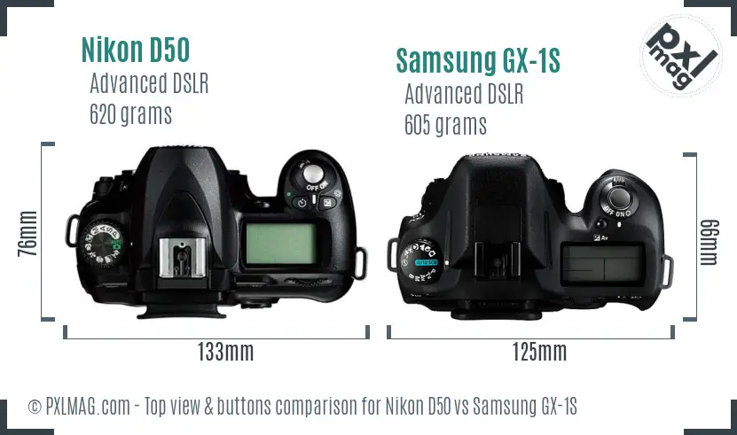Nikon D50 vs Samsung GX-1S top view buttons comparison