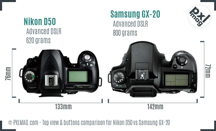 Nikon D50 vs Samsung GX-20 top view buttons comparison