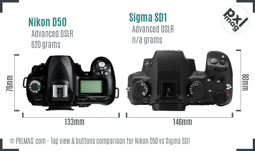 Nikon D50 vs Sigma SD1 top view buttons comparison