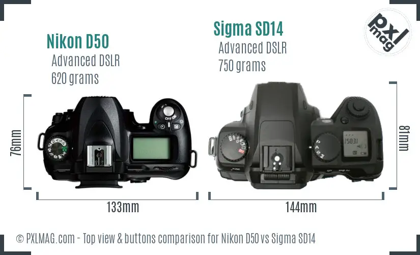 Nikon D50 vs Sigma SD14 top view buttons comparison