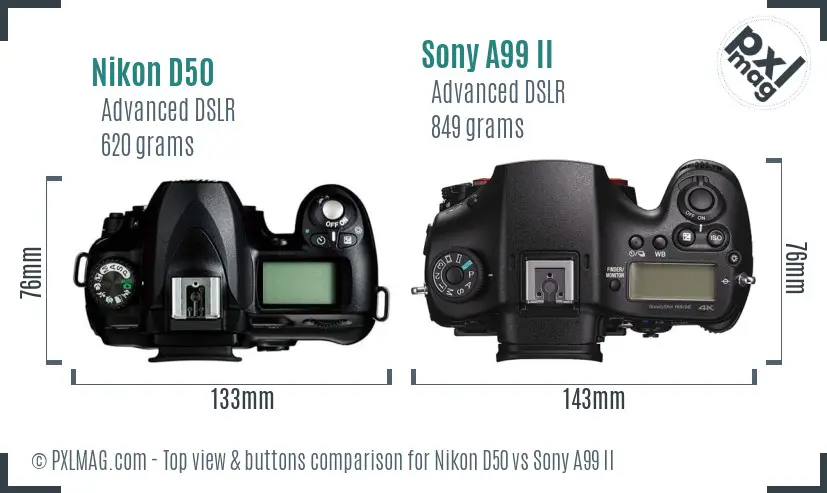 Nikon D50 vs Sony A99 II top view buttons comparison