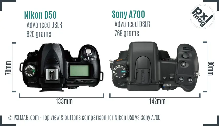 Nikon D50 vs Sony A700 top view buttons comparison