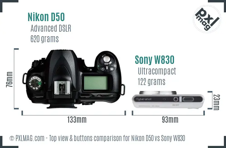 Nikon D50 vs Sony W830 top view buttons comparison Nikon D50 vs Sony W830 top view buttons comparison